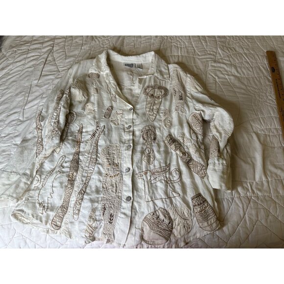 Chicos Womens 2 linen Embroidered Tribal Masks Linen 3/4 Sleeve Button-Up Shirt - Picture 15 of 15